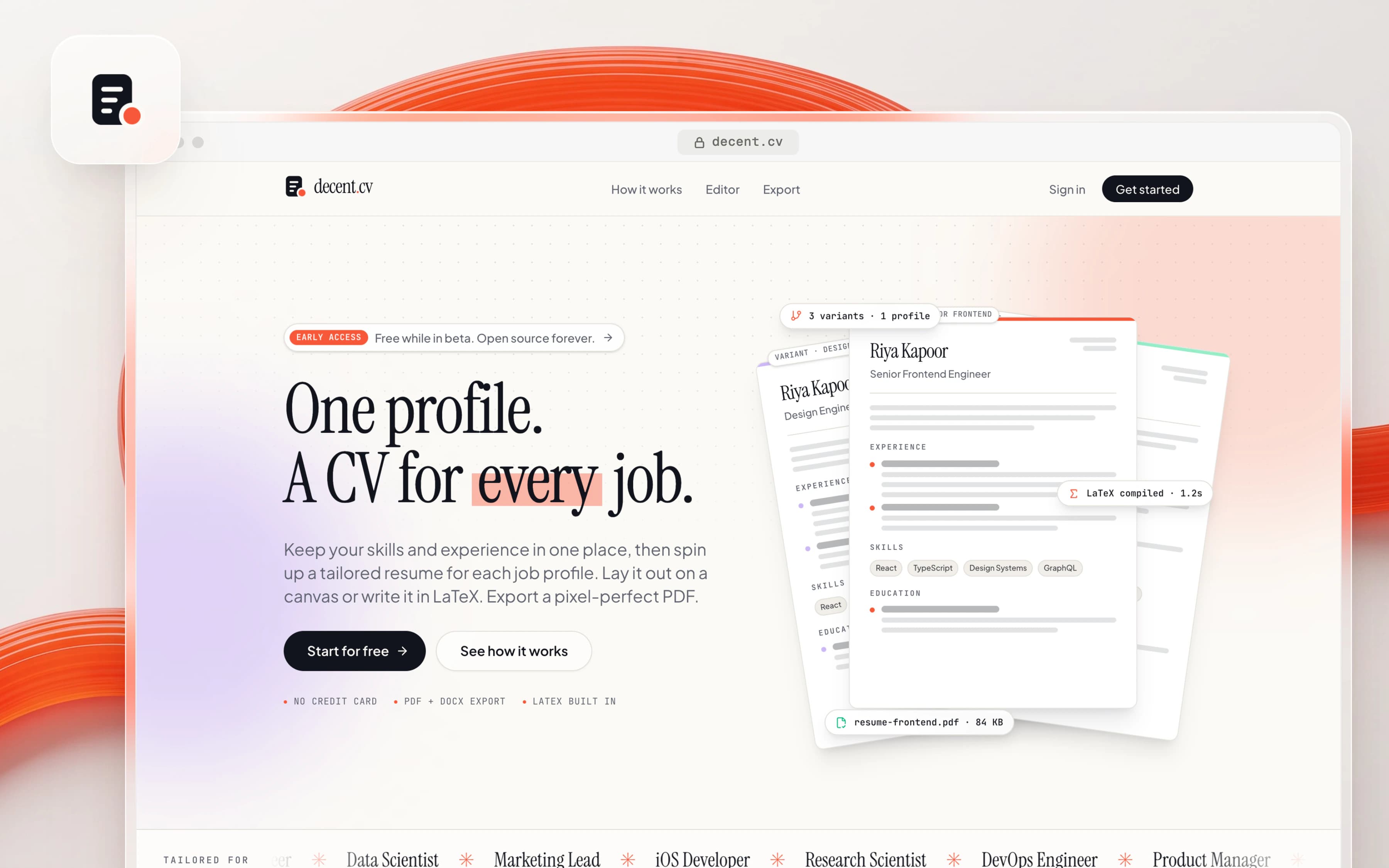 The decent.cv home page, from the hero to the footer: one profile, a CV for every job.