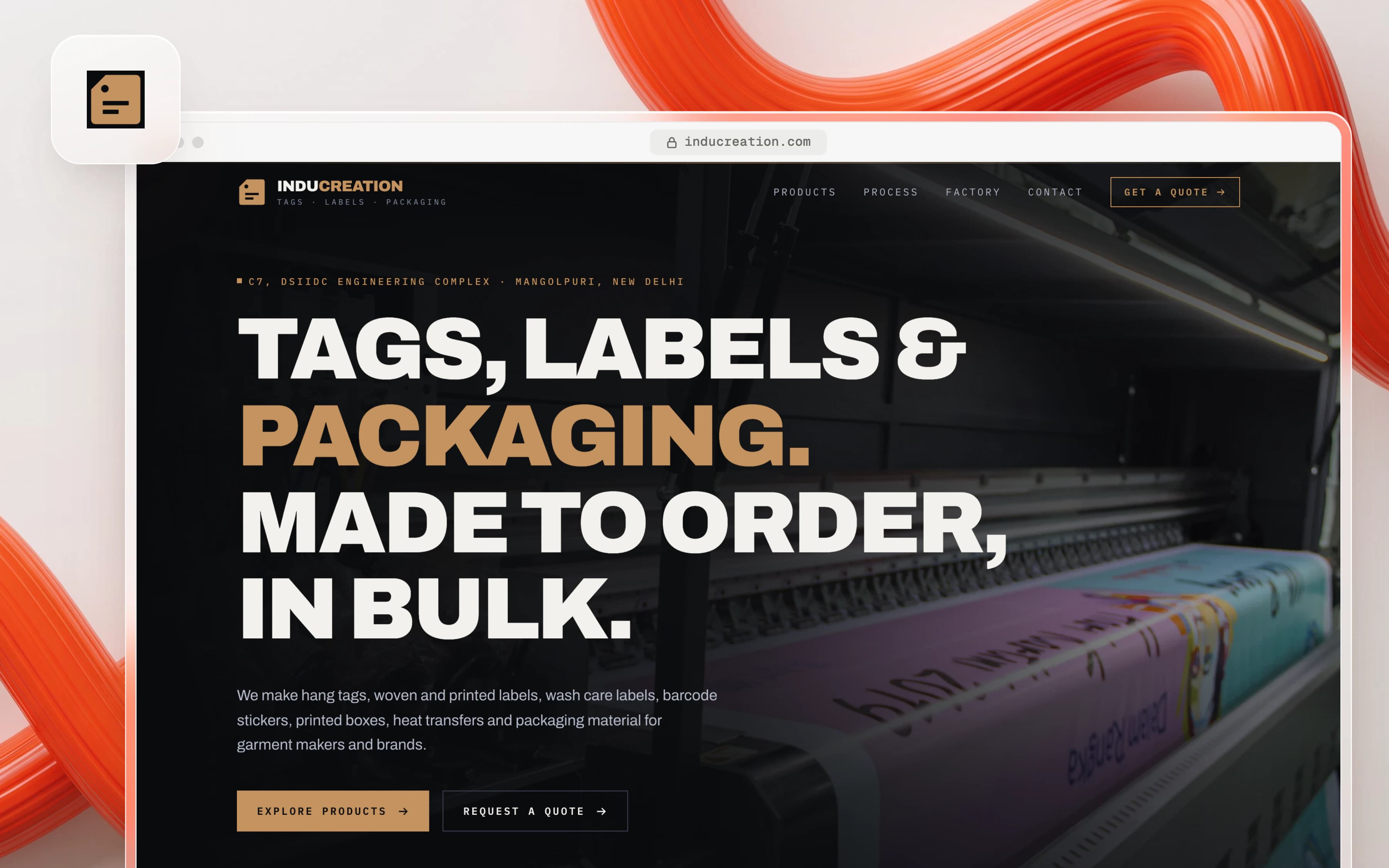 The Inducreation home page, from the hero to the footer: tags, labels and packaging, made to order in bulk in New Delhi.