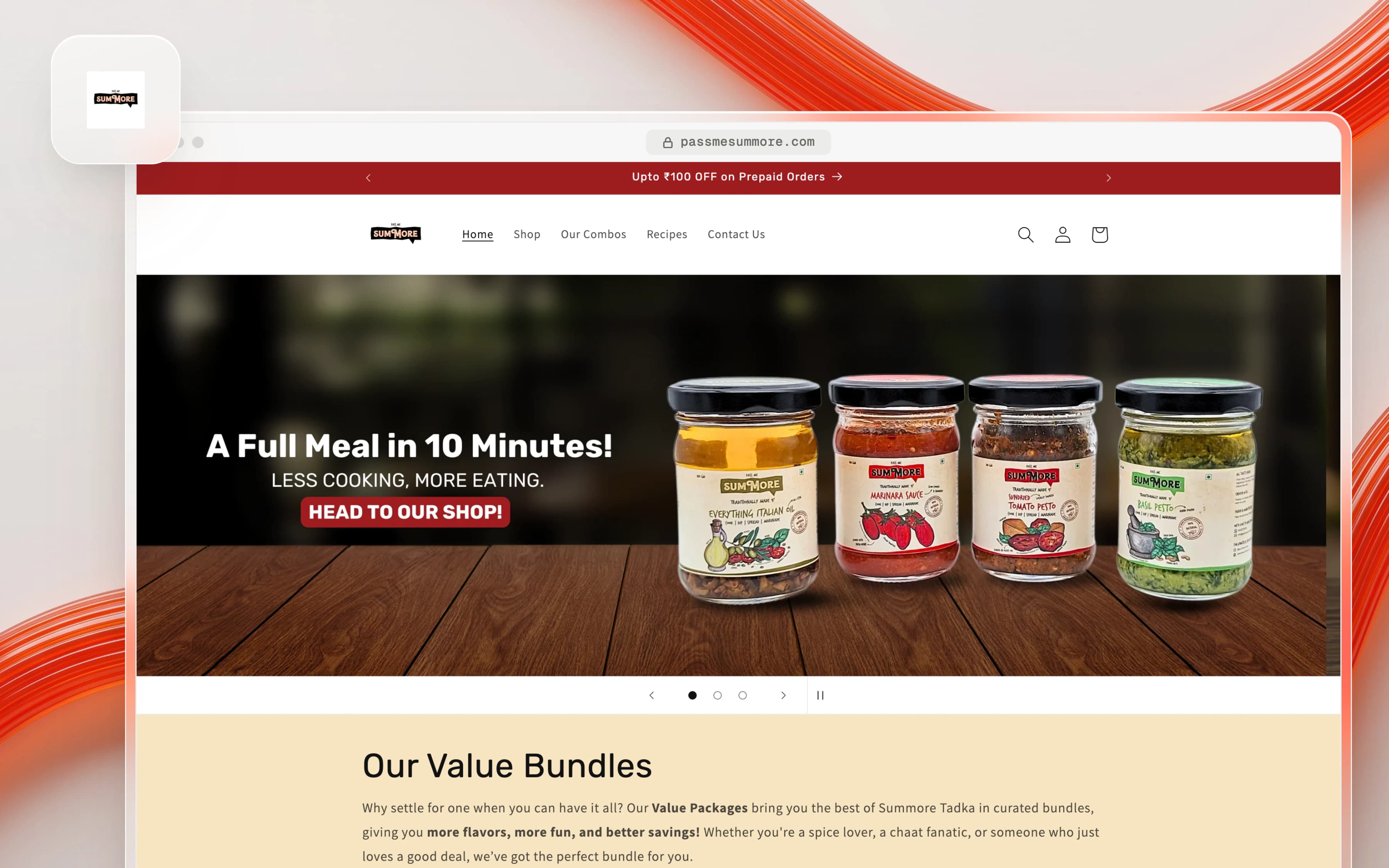 The Pass Me Summore home page, from the hero to the footer: sauces, chutneys and infused oils for a full meal in 10 minutes.