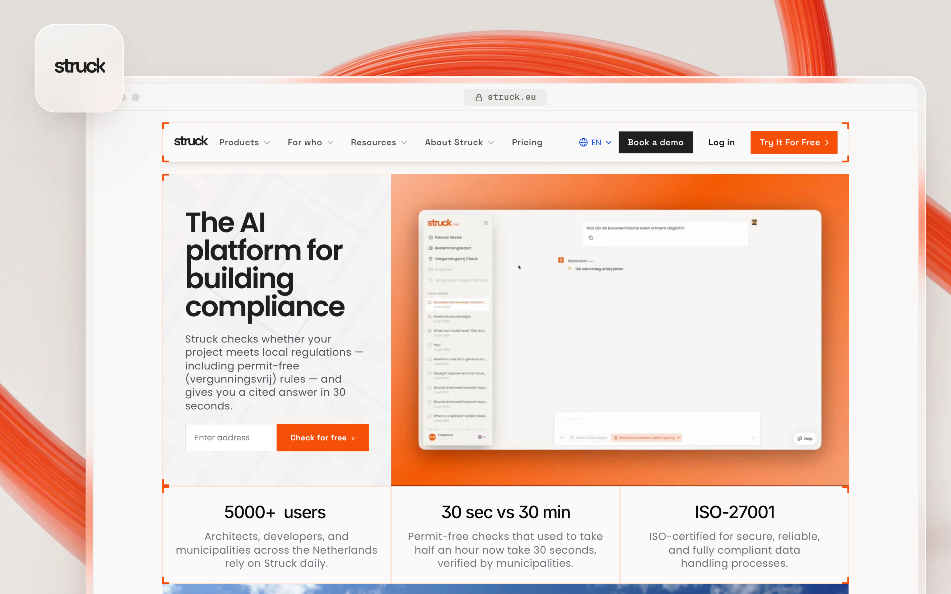 The struck.eu home page, from the hero to the footer: the AI platform for building compliance.